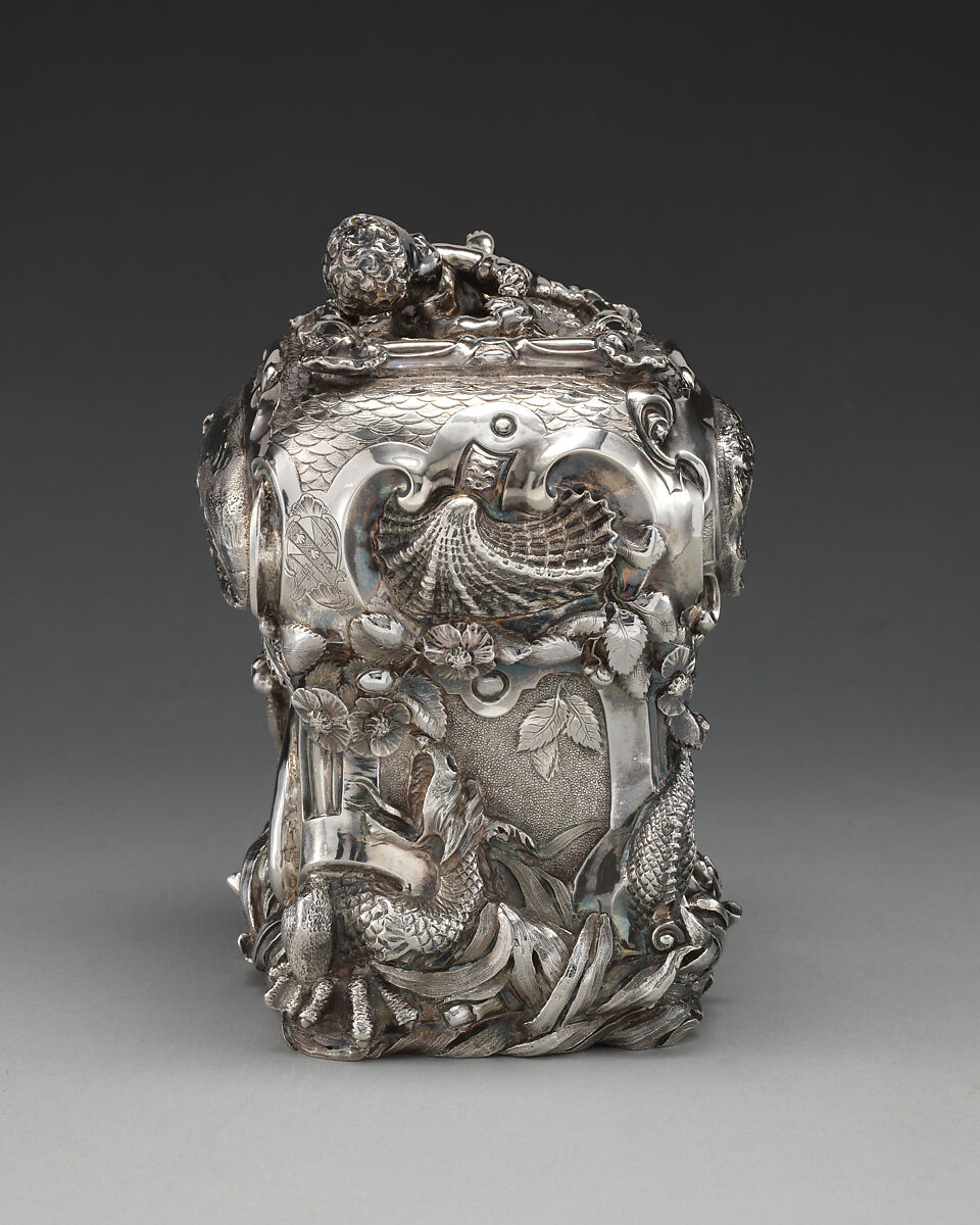 Pair of tea caddies and a sugar box in a case, Paul de Lamerie (British, 1688–1751, active 1712–51), Silver; oak, rosewood with boxwood and ebony inlay, silver mounts, British, London