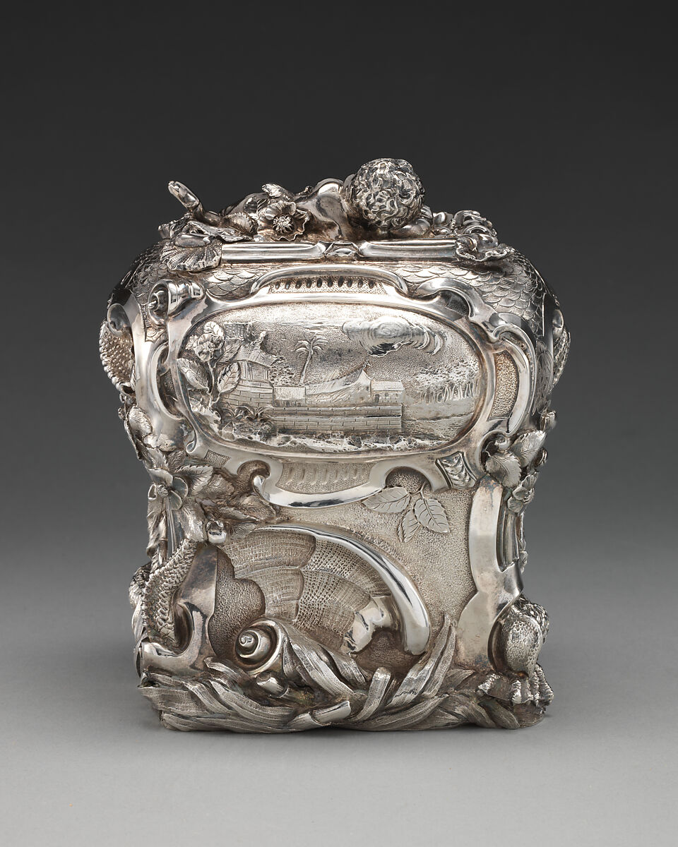 Pair of tea caddies and a sugar box in a case, Paul de Lamerie (British, 1688–1751, active 1712–51), Silver; oak, rosewood with boxwood and ebony inlay, silver mounts, British, London