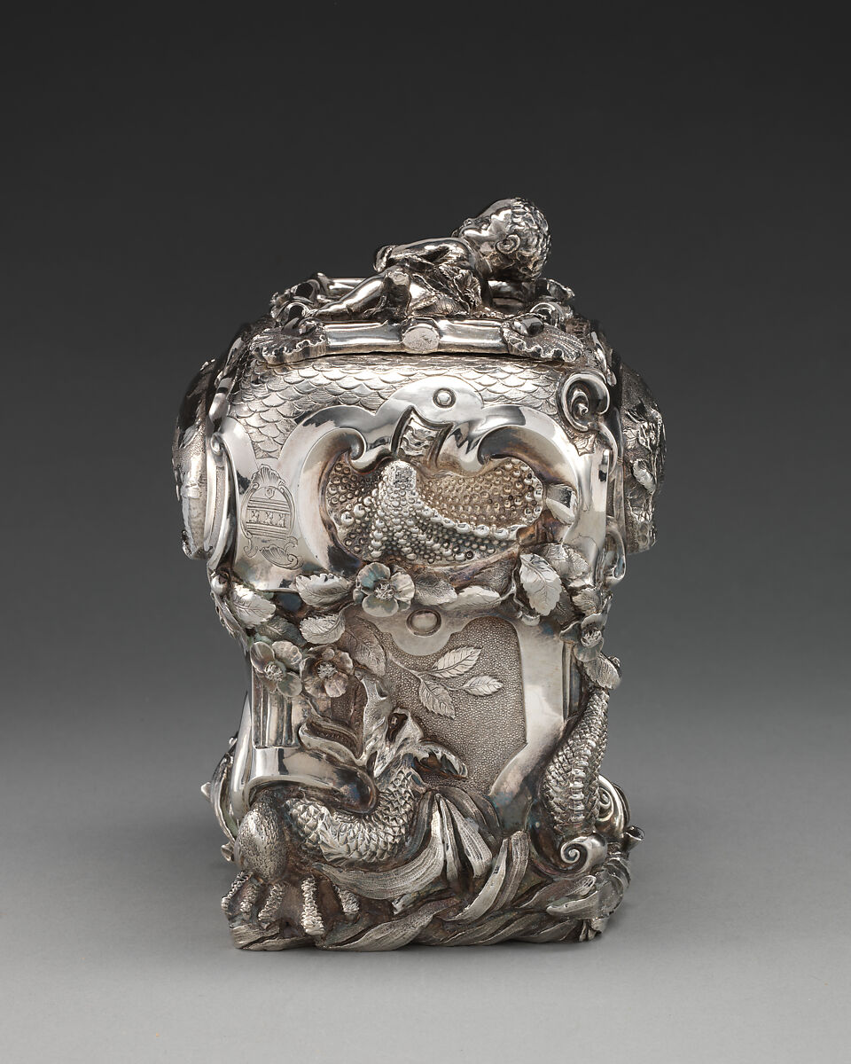 Pair of tea caddies and a sugar box in a case, Paul de Lamerie (British, 1688–1751, active 1712–51), Silver; oak, rosewood with boxwood and ebony inlay, silver mounts, British, London
