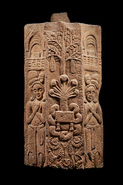 Railing pillar with naga Mucalinda protecting the Buddha, Sandstone, India, Pauni, Bhandara district, Maharashtra