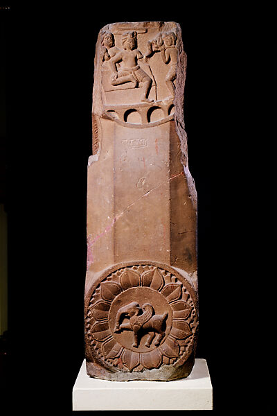 Railing pillar with lotus medallions and Jataka scenes, Sandstone, India, Mahabodhi temple, Bodhgaya, Bihar 