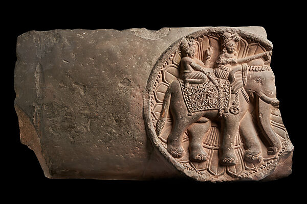 Fragment from a railing crossbar: nobleman riding an elephant, Sandstone, India, Mathura, Uttar Pradesh 