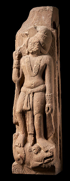 Railing pillar with yaksha on makara, Sandstone, India, Kaushambi, Uttar Pradesh 