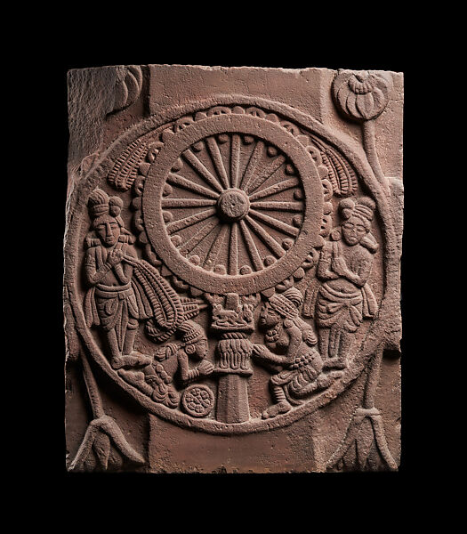 Railing pillar medallion: veneration of the Dharma-wheel (dharmacakra), Sandstone, India, Bharhut Great Stupa, Madhya Pradesh