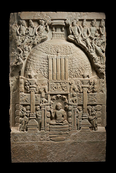 Stupa drum panel with naga protected Buddha, Limestone, India, Nagarjunakonda, Gunter District, Andhra Pradesh