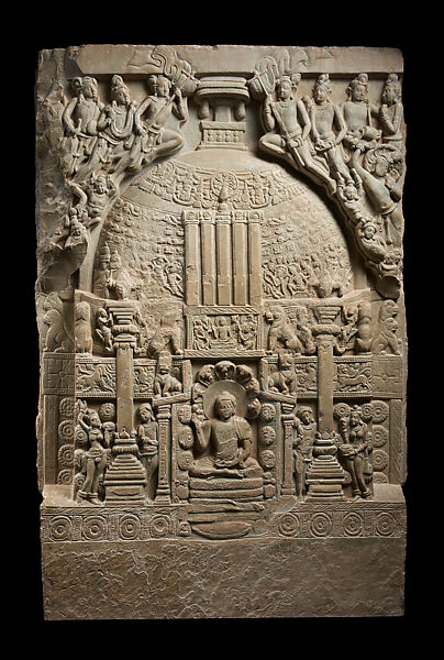 Stupa drum panel with naga protected Buddha, Limestone, India, Nagarjunakonda, Gunter District, Andhra Pradesh 