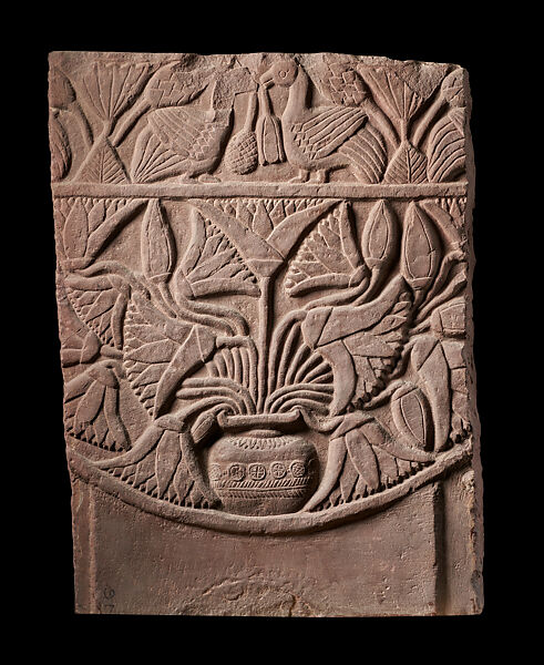 Railing pillar fragment: flowering vase of plenty, Sandstone, India, Bharhut Great Stupa, Satna district, Madhya Pradesh 