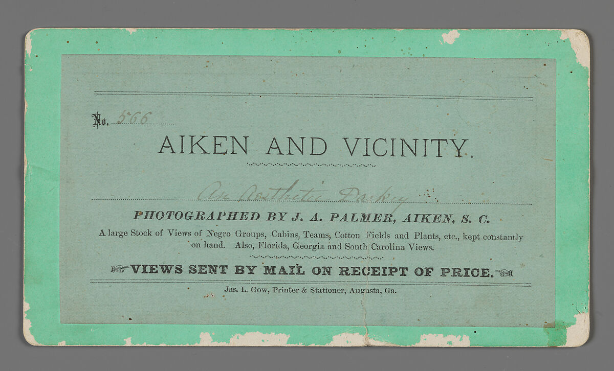 "An Aesthetic Darkey" from the "Aiken and Vicinity" series, James A. Palmer (Irish-American, 1825–1896), Albumen silver print from glass negative, American