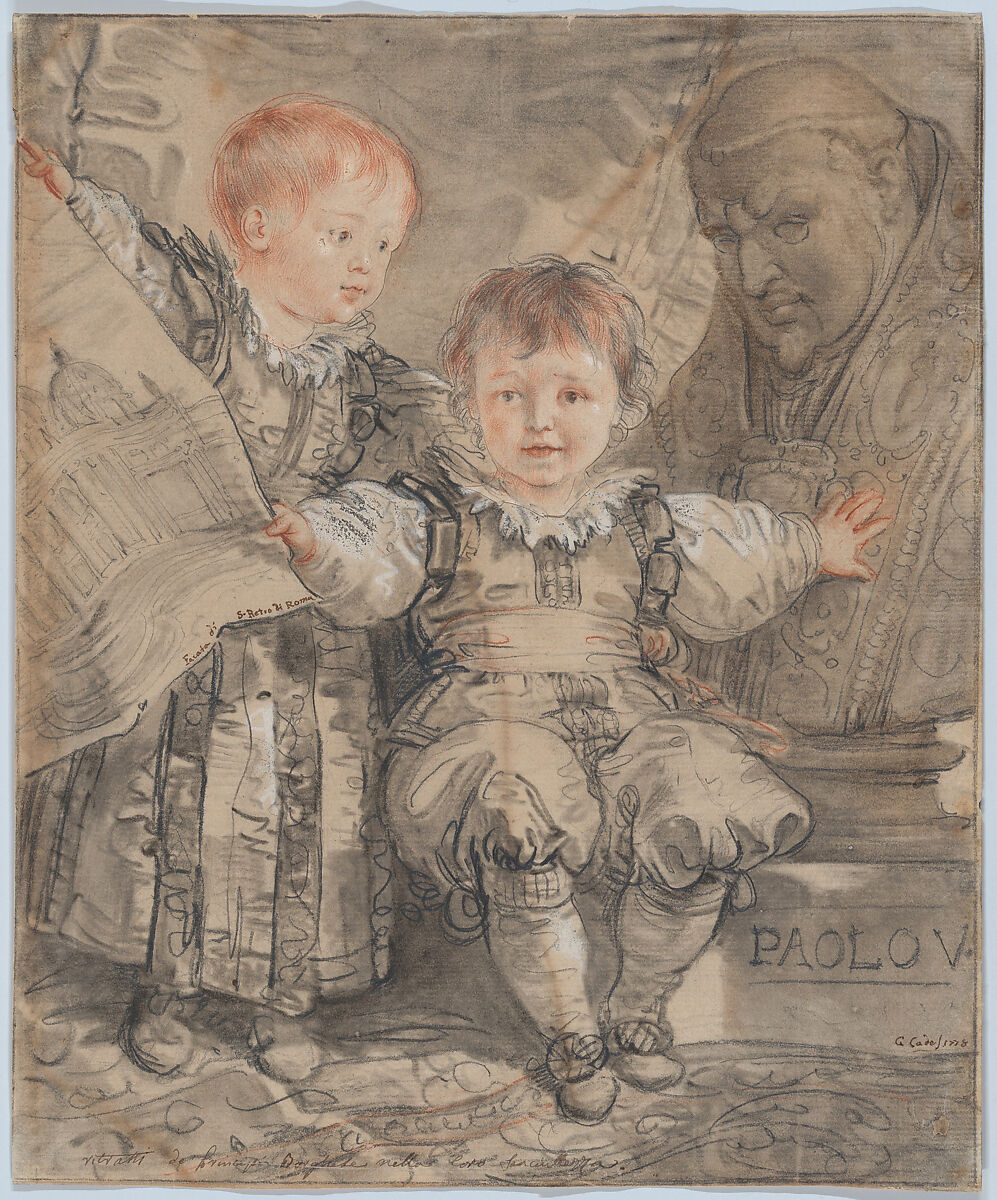 Portrait of the Princes Camillo and Francesco Borghese, Giuseppe Cades (Italian, Rome 1750–1799 Rome), Red and black chalk, stumped; heightened with white