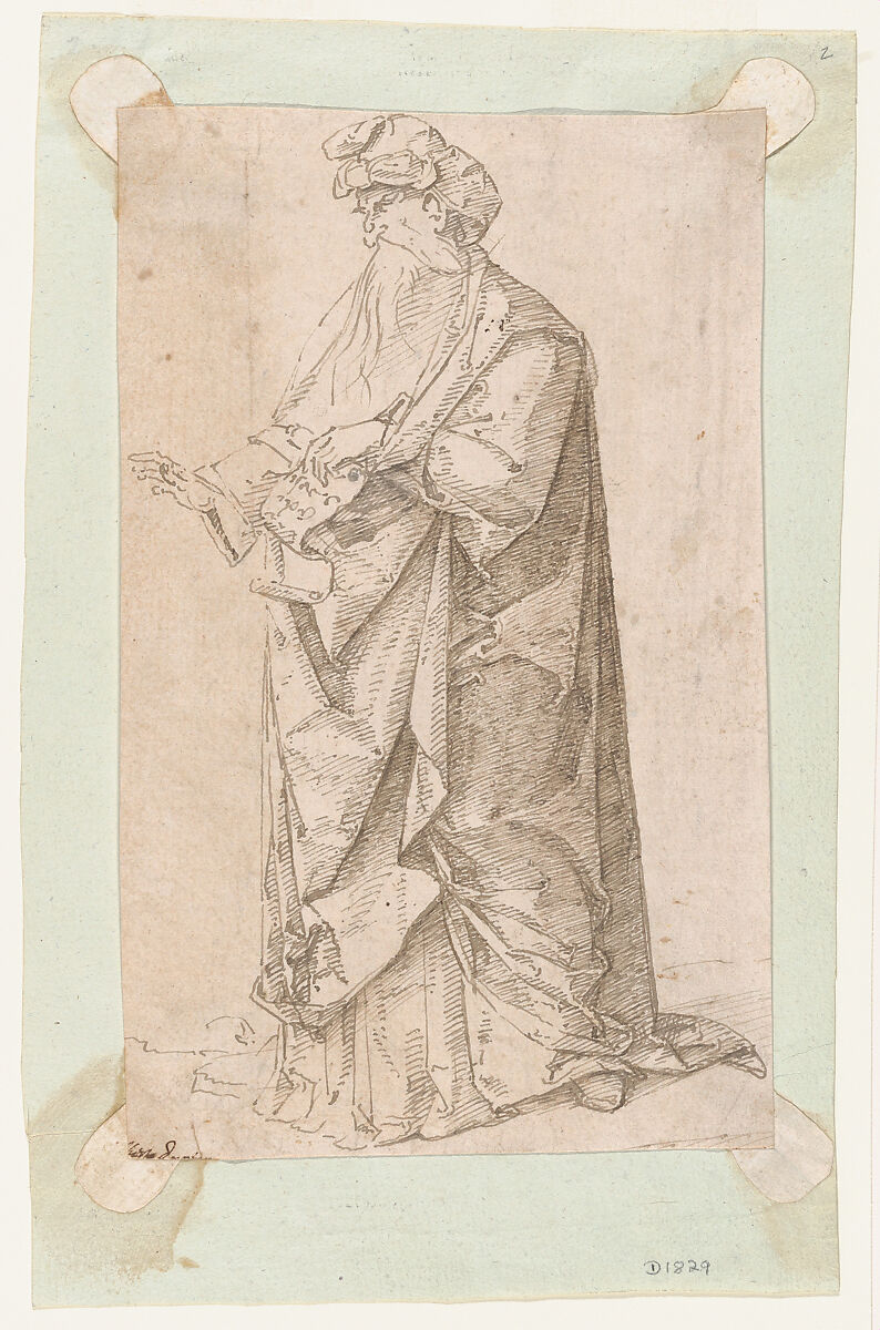 Standing Male Figure with a Scroll, Circle of Andrea Mantegna, Pen and dark brown ink 