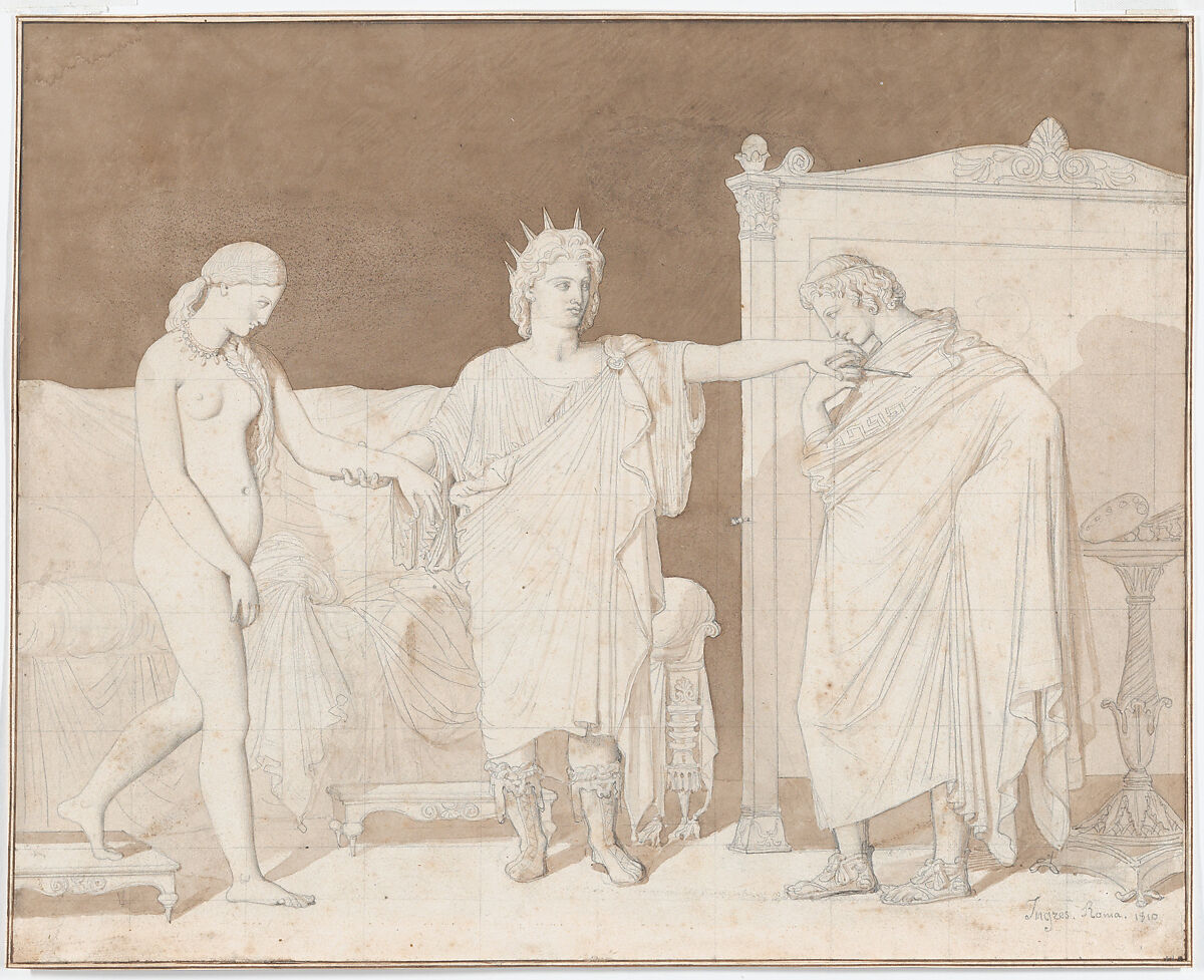 Alexander the Great presenting Campaspe to Apelles, Jean Auguste Dominique Ingres (French, Montauban 1780–1867 Paris), Graphite, brush and brown wash 