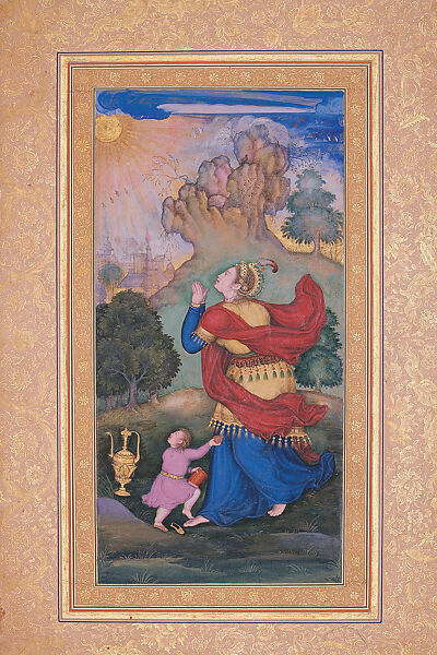 Woman Worshiping the Sun: Page from the Gulshan Album, Attributed to Basawan (Indian, active ca. 1556–1600), Opaque watercolor and gold on paper, India (Mughal court at Lahore or Delhi) 