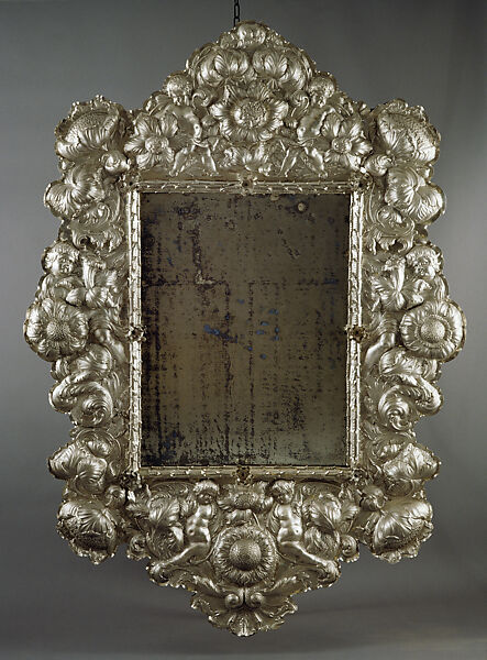 Silver Mirror, Johann Betz (German, 1659–1697), Oak (stained), silver (embossed, cast, engraved, chased), mirror glass., German, Augsburg 