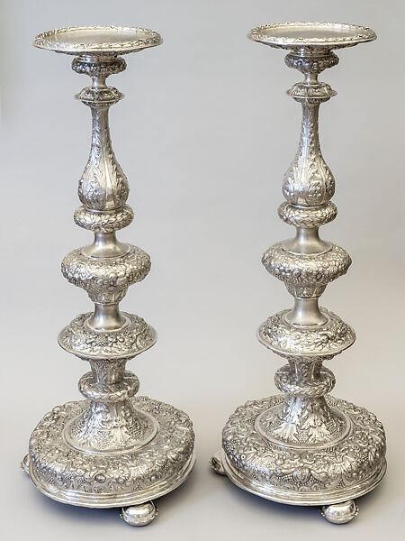 Pair of Guéridons, Copper (silvered, embossed, cast, engraved, chased), iron., German, probably Augsburg 