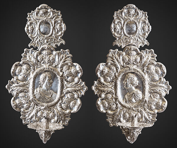 Two sconces, Brass (silvered, embossed, cast, chased, engraved), wood, German, probably Augsburg 