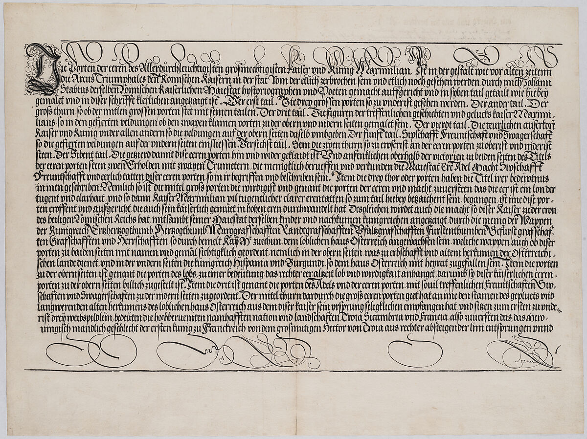 Explanatory Text, Part I, from the Arch of Honor, proof, dated 1515, printed 1517-18, Hieronymus Andreae (German, Bad Mergentheim ca. 1485–1556 Nuremberg), Woodcut and letterpress 