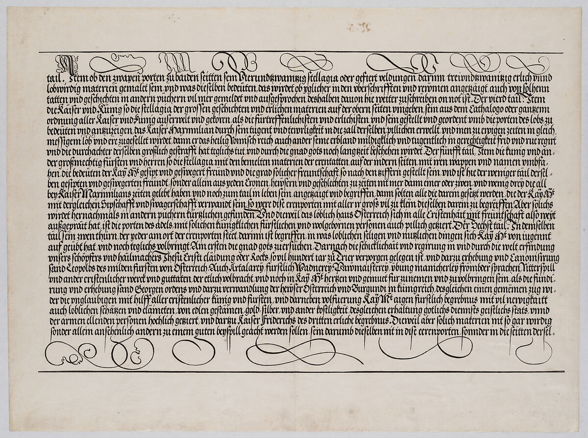 Explanatory Text, Part III,from the Arch of Honor, proof, dated 1515, printed 1517-18, Hieronymus Andreae (German, Bad Mergentheim ca. 1485–1556 Nuremberg), Woodcut and letterpress 