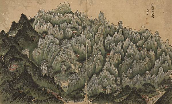 General View of Inner Geumgang; One leaf from the Album of Gyeomjae Jeong Seon, Jeong Seon (artist name: Gyeomjae) (Korean, 1676–1759), Album leaf; ink and light color on silk, Korea 