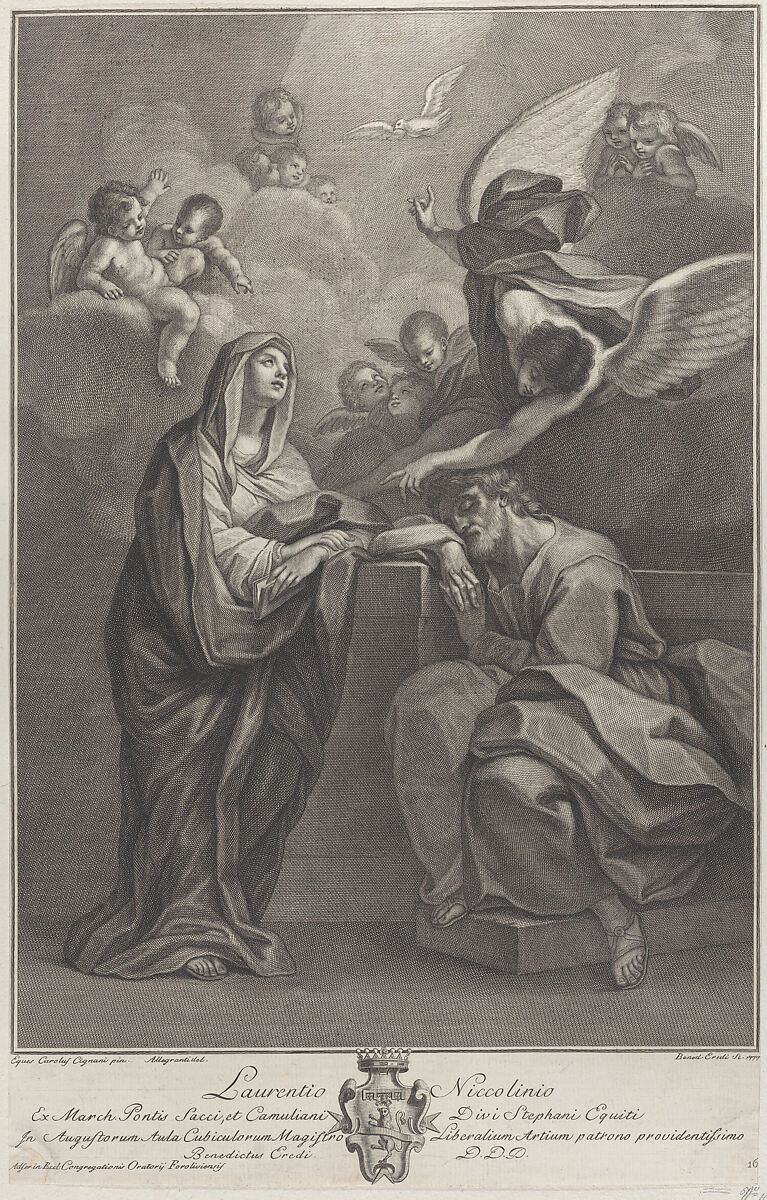 Plate 6: Saint Joseph's dream, with the Virgin Mary at left and an angel above who points to the Holy Spirit, Benedetto Eredi (Italian, Ravenna 1750–1815 Florence), Etching and engraving 
