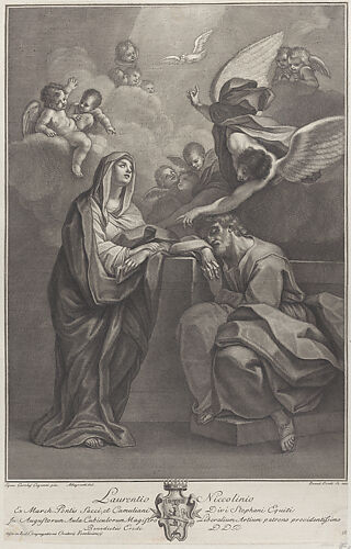 Plate 6: Saint Joseph's dream, with the Virgin Mary at left and an angel above who points to the Holy Spirit