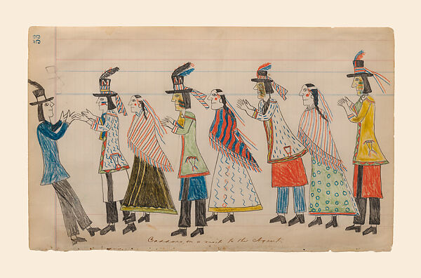 Caddos on a Visit to the Agent, Attributed to Julian Scott Ledger Artist A (Kiowa), Pencil, colored pencil, and ink on paper, Kiowa, Native American 