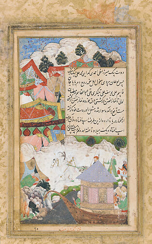 Emperor Babur Returning Late to Camp Drunk after a Boating Party in Celebration of the End of Ramadan in 1519: Folio from a Baburnama Manuscript

