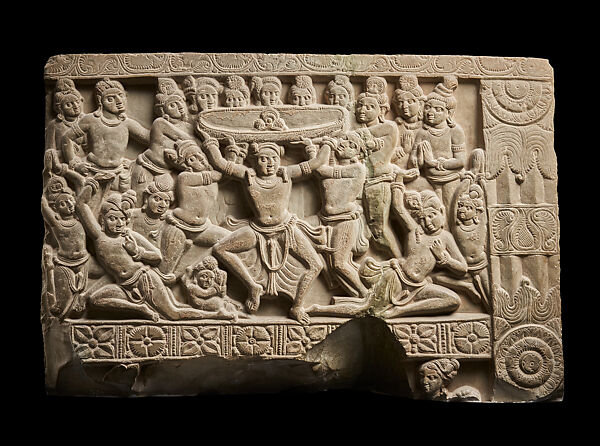 Dome panel with scene of transporting Prince Siddartha's headdress to heaven, Limestone, India, Nagarjunakonda, attributed to Stupa Site 3, Nalgonda district, Andhra Pradesh