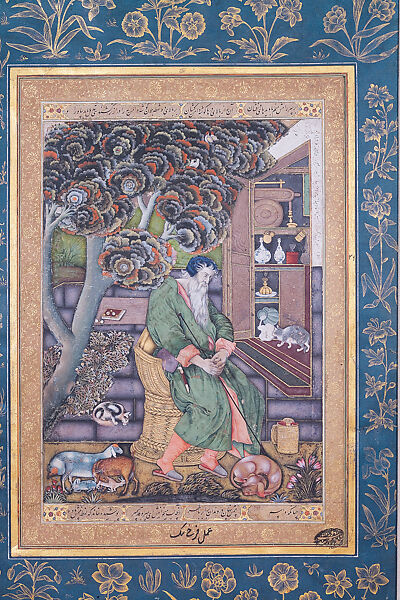 A Sufi Sage, After the European Personification of Melancholia (Dolor), Farrukh Beg, Opaque watercolor, ink and gold on paper, India (Mughal court at Agra) 