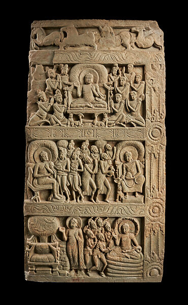 Drum slab with five Buddha life narratives, Limestone, India, Nagarjunakonda, Gunter District,  Andhra Pradesh