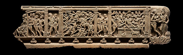 Ayaka cornice with three narrative scenes, Limestone, India, Nagarjunakonda, Gunter District, Andhra Pradesh 