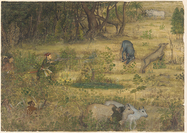 Prince Dara Shikoh Hunting Nilgais, Attributed to Payag (Indian, active ca. 1591–1658), Opaque watercolor on paper, India (Mughal court, probably at Lahore) 