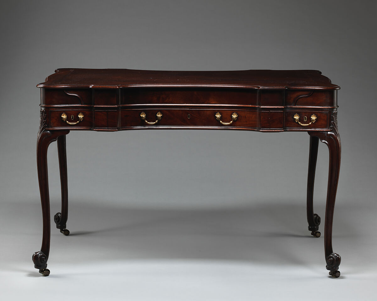 Writing table, Attributed to William Vile (British, Somerset 1715–1767 London), Mahogany and oak; lacquered brass; green baize (modern), British