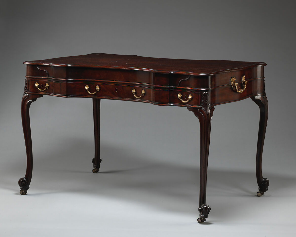 Writing table, Attributed to William Vile (British, Somerset 1715–1767 London), Mahogany and oak; lacquered brass; green baize (modern), British