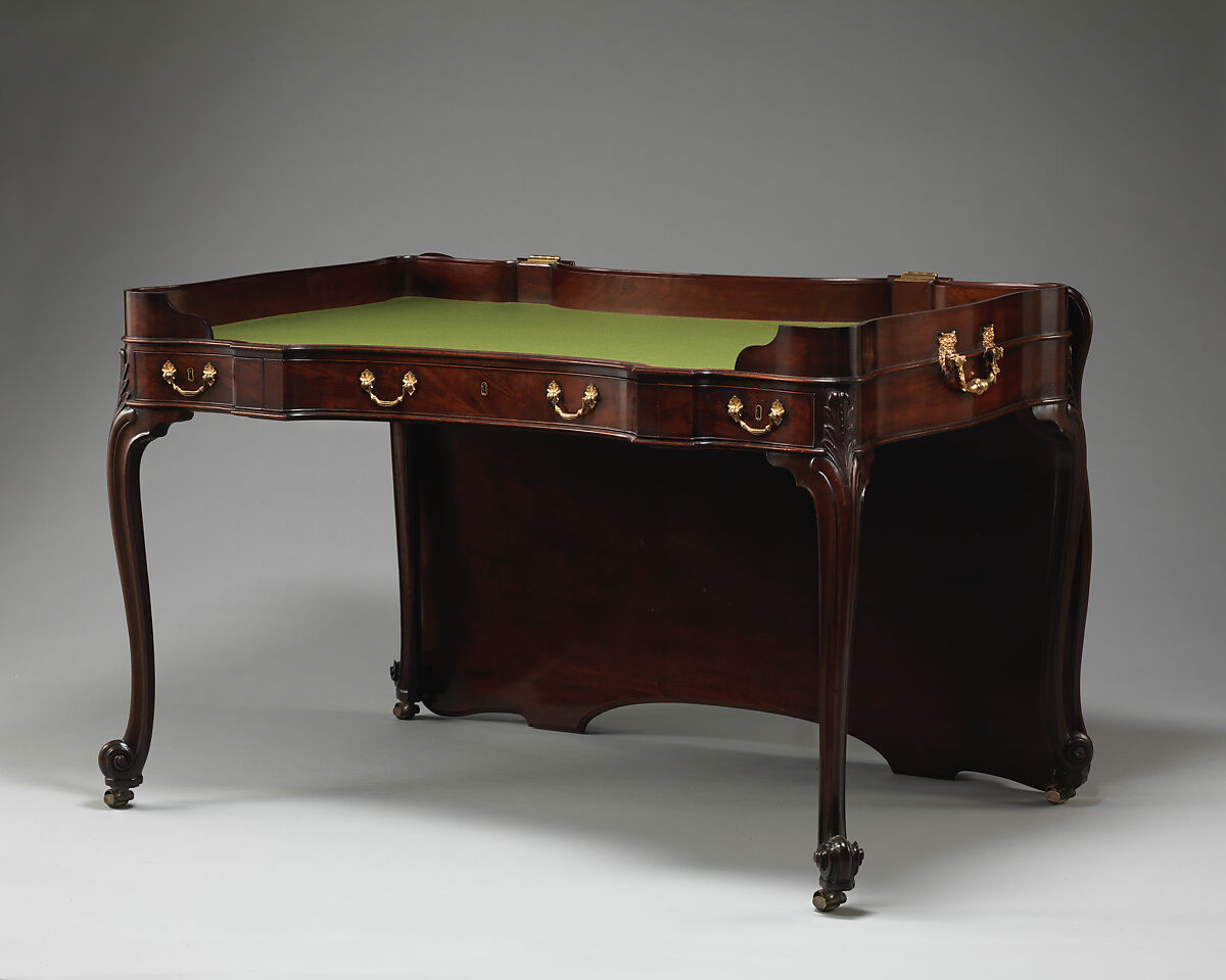 Writing table, Attributed to William Vile (British, Somerset 1715–1767 London), Mahogany and oak; lacquered brass; green baize (modern), British 