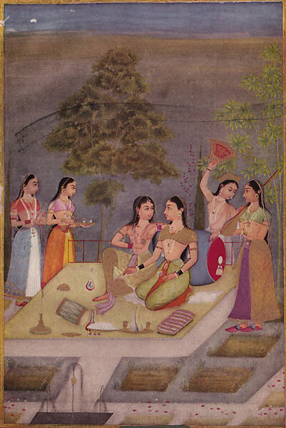 Ladies of the Zenana (Womens’ Quarters) on a Terrace at Night, Ruknuddin (active late 17th century), Opaque watercolor on paper, India (Bikaner, Rajasthan) 