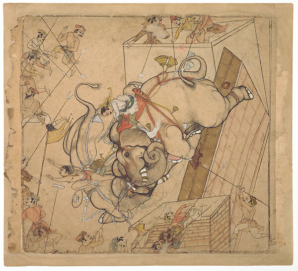 An Elephant Combat, Attributed to Hada Master, Opaque watercolor and ink on paper, India (Bundi, Rajasthan) 