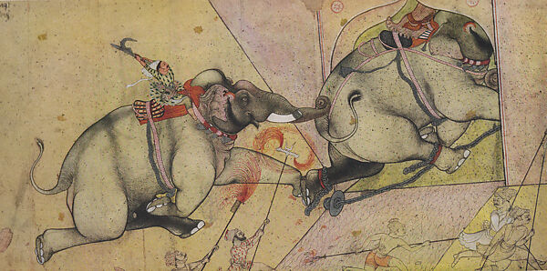 Rao Surjan's Favorite Elephants, Bhalarao and Anipa  
Inscribed: "The elephants belonging to Rao Surjan, elephants Bhalarao and  Anipa"., Attributed to the Kota Master (Indian, active early 18th century), Ink and opaque watercolor on paper, India (Kota, Rajasthan) 
