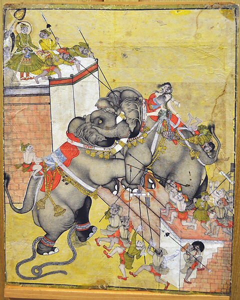 Rao Surjan Watches an Elephant Fight, Attributed to Kota Master  B, Ink and opaque watercolor on paper, India (Kota, Rajasthan) 
