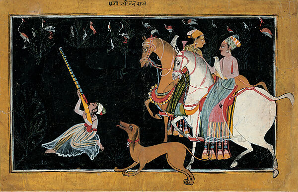 Rupmati and Baz Bahadur Hunting at Night, Bahu Masters (active ca. 1680–ca. 1720), Opaque watercolor and ink on paper, India (Bahu, Jammu) 