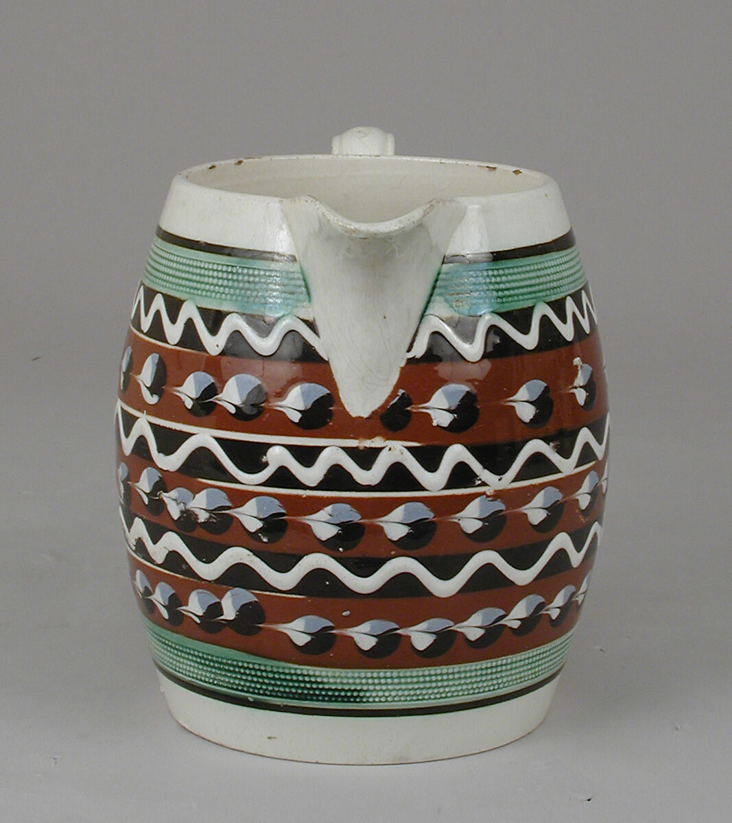 Barrel shaped jug, Pottery, British