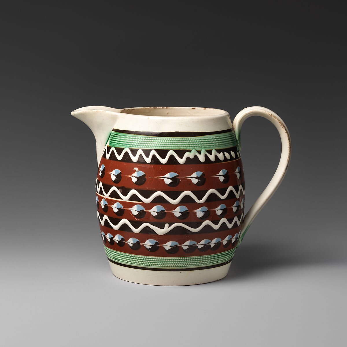Barrel shaped jug, Pottery, British