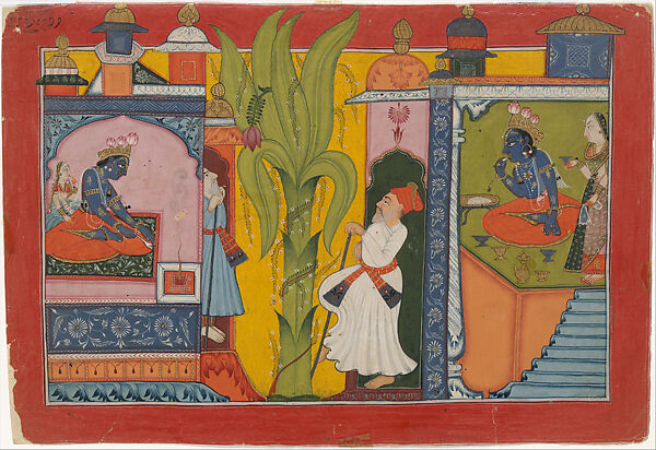 Vasishtha visits Rama: folio from the Shangri I Ramayana series, Bahu Masters (active ca. 1680–ca. 1720), Opaque watercolor, ink and gold on paper, India (Bahu, Jammu) 