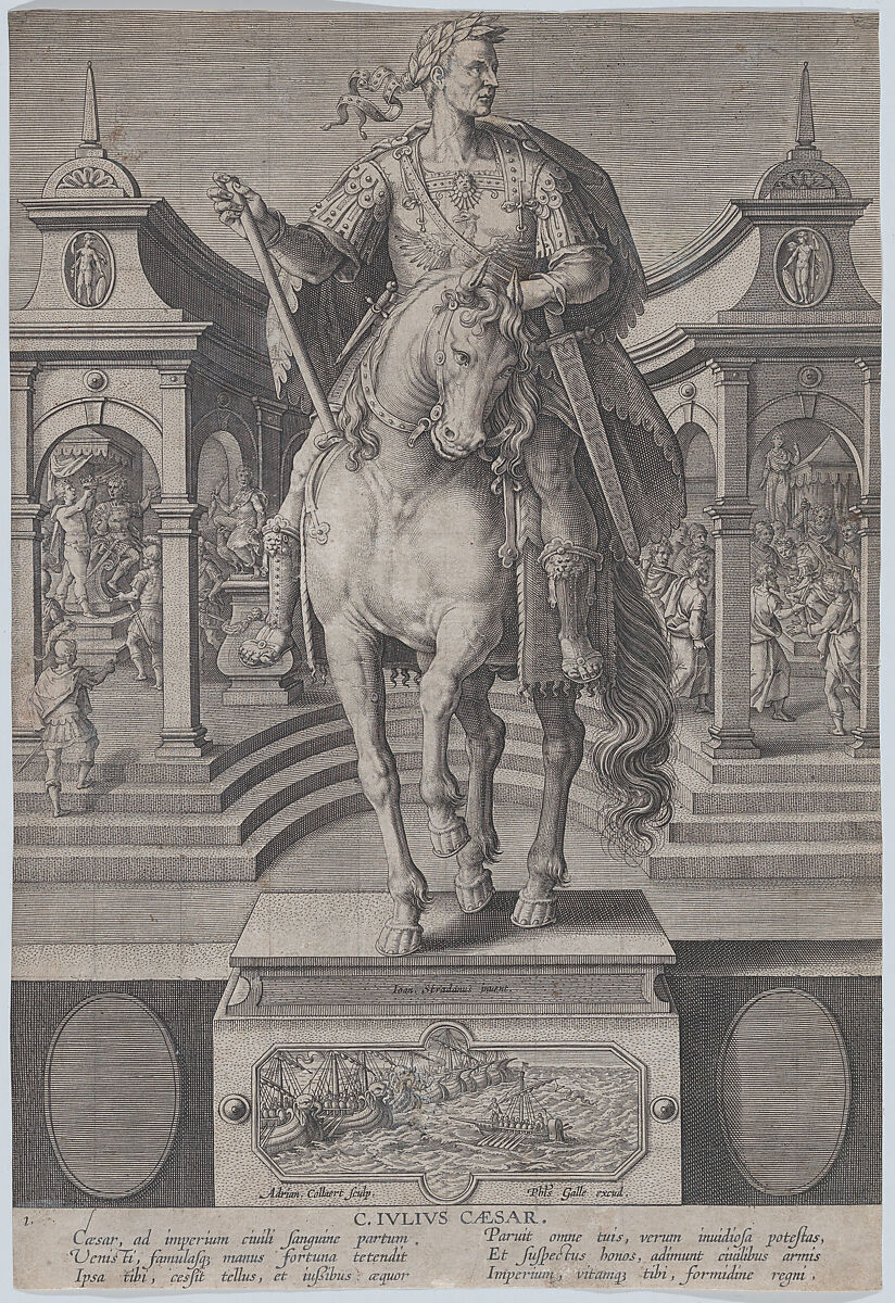 Plate 1: equestrian statue of Julius Caesar, seen from the front, with a scene of a naval battle on pedestal below, from 'Roman Emperors on Horseback', Adriaen Collaert (Netherlandish, Antwerp ca. 1560–1618 Antwerp), Engraving; first state of two 