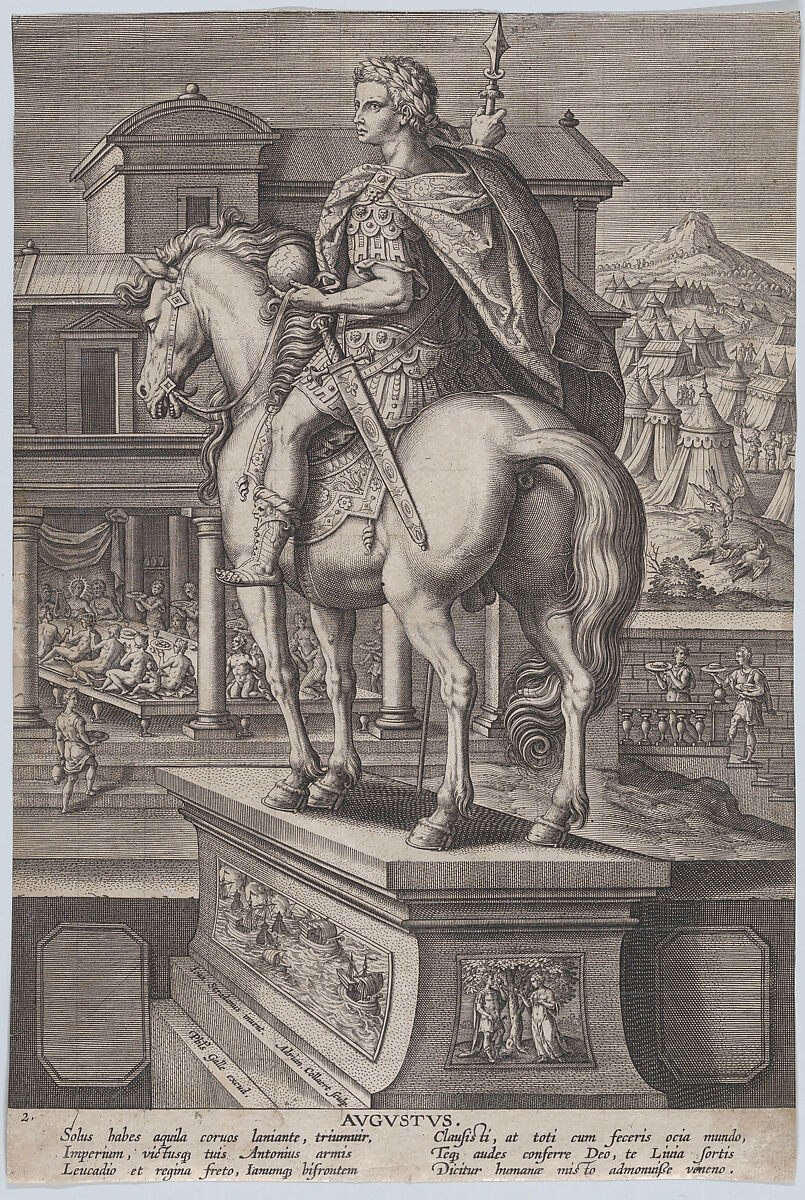 Plate 2: equestrian statue of Augustus, holding a globe and seen from behind, with a feast occurring at left in the background, from 'Roman Emperors on Horseback', Adriaen Collaert (Netherlandish, Antwerp ca. 1560–1618 Antwerp), Engraving 