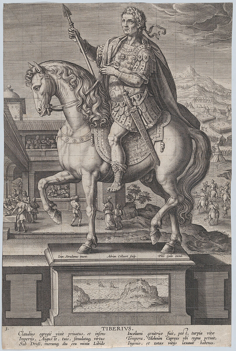 Plate 3: equestrian statue of Tiberius, in profile to the left, with a naval landscape on pedestal below, from 'Roman Emperors on Horseback', Adriaen Collaert (Netherlandish, Antwerp ca. 1560–1618 Antwerp), Engraving, squared in graphite 