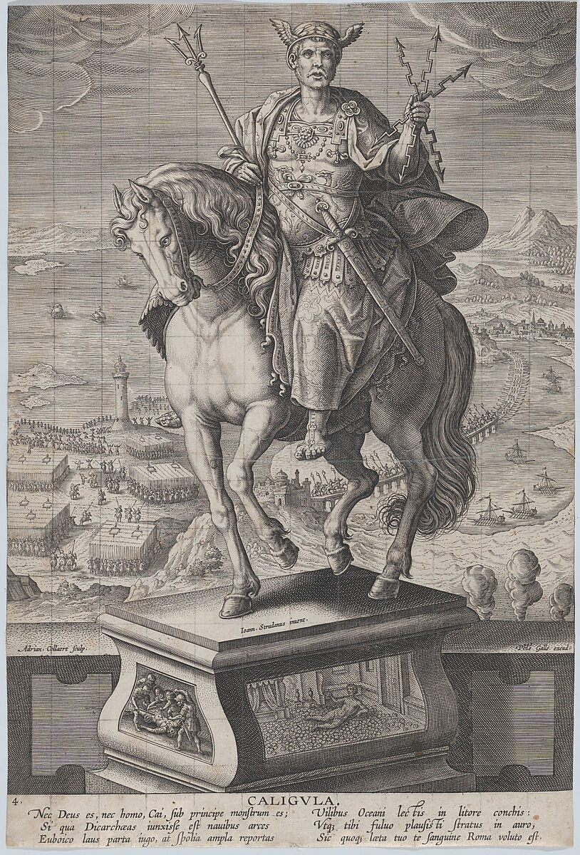 Plate 4: equestrian statue of Caligula, seen three-quarters to the left, wearing a winged helmet and holding double-headed arrows, a military scene in the background, from 'Roman Emperors on Horseback', Adriaen Collaert (Netherlandish, Antwerp ca. 1560–1618 Antwerp), Engraving, squared in graphite 