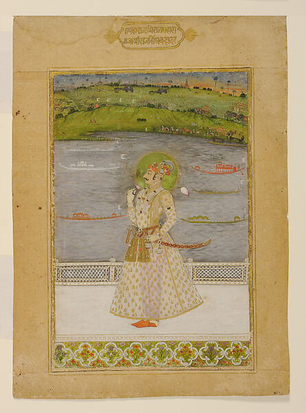 Raj Singh on a Terrace Enjoying a View of Royal Barges and Military Formations Beyond, Attributed to Bhavanidas (active ca. 1700–1748), Opaque watercolor on paper, India (Kishangarh, Rajasthan) 