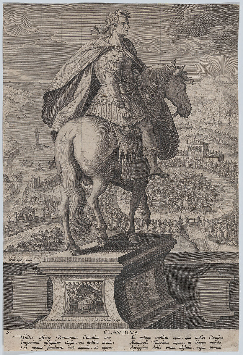 Plate 5: equestrian statue of Claudius, seen from behind, a naval competition at right in the background, from 'Roman Emperors on Horseback', Adriaen Collaert (Netherlandish, Antwerp ca. 1560–1618 Antwerp), Engraving, squared in graphite 