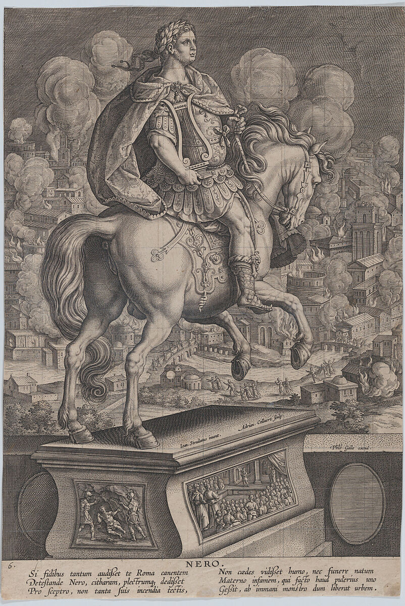Plate 6: equestrian statue of Nero, seen from behind, the Great Fire of Rome in the background, from 'Roman Emperors on Horseback', Adriaen Collaert (Netherlandish, Antwerp ca. 1560–1618 Antwerp), Engraving, squared in graphite 