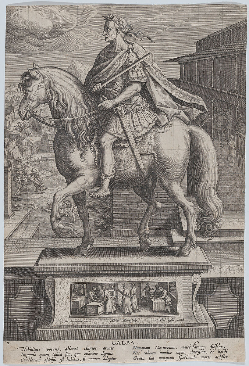 Plate 7: equestrian statue of Galba, in profile to the left, with a beheading scene in the background, from 'Roman Emperors on Horseback', Adriaen Collaert (Netherlandish, Antwerp ca. 1560–1618 Antwerp), Engraving, squared in graphite 